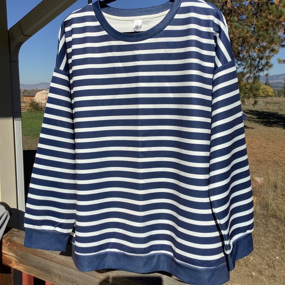 Pink Daisy Plus Size, NWT,  Long Sleeve White & Navy Stripped Shirt